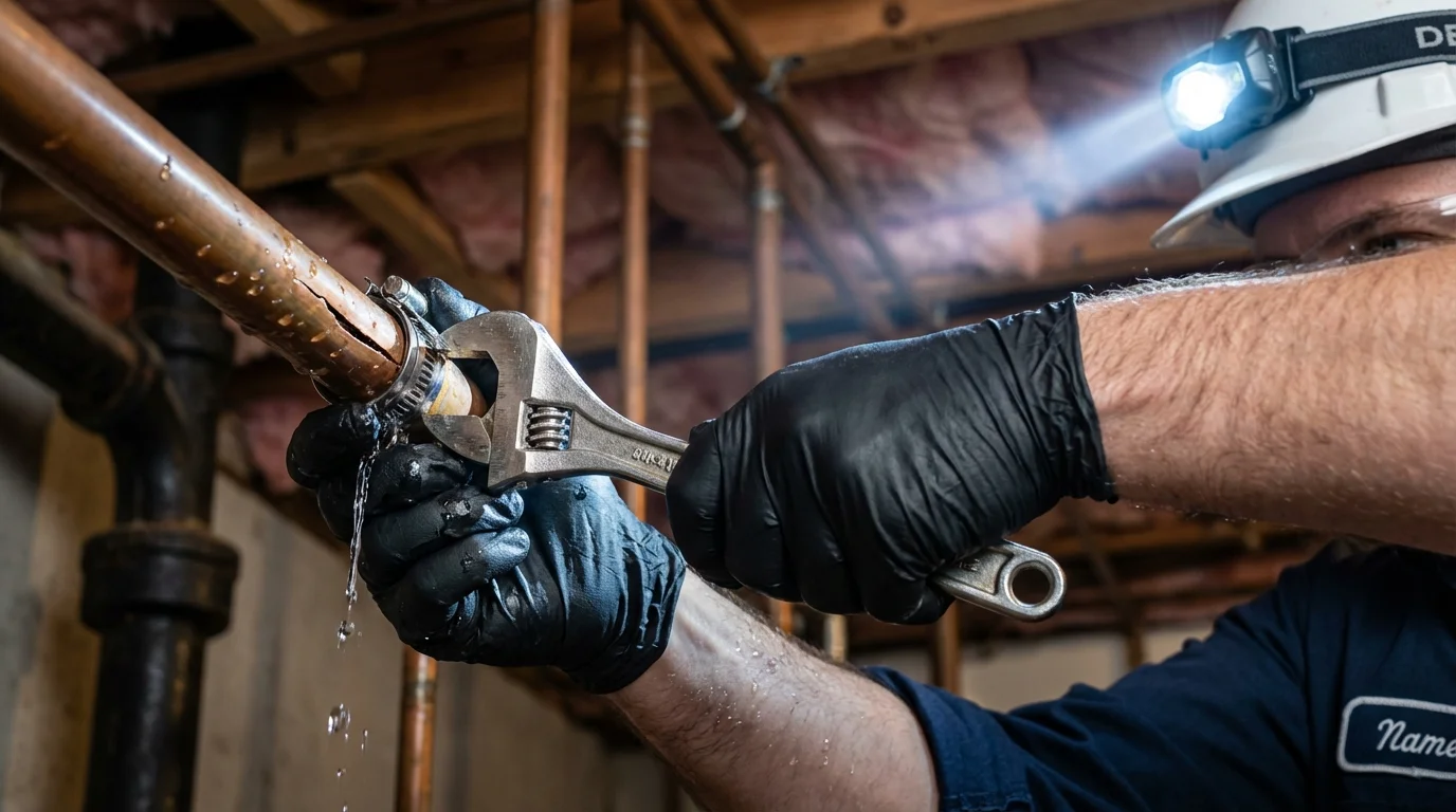 Emergency pipe clamp repair being performed by a Johns Plumbing LLC plumber in Averill Park