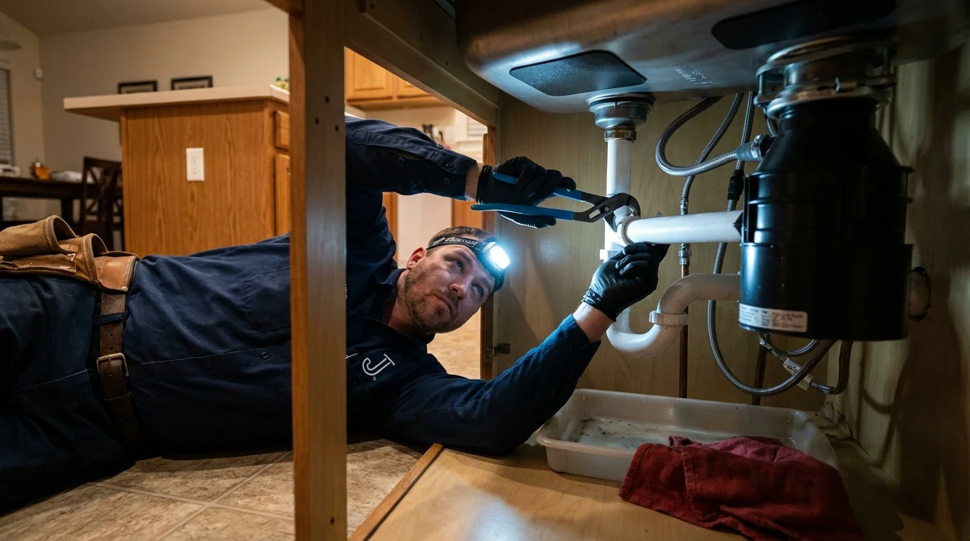 P-trap and supply line connections under a kitchen sink showing a common leak point in Averill Park, NY